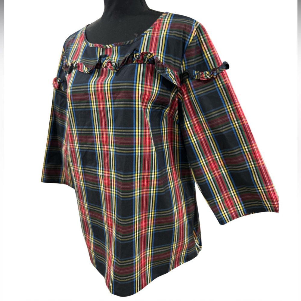 🔥TALBOTS! STEWART PLAID POPLIN RUFFLE POPOVER TOP! STUNNING! FESTIVE! LIKE NEW! - Picture 3 of 16